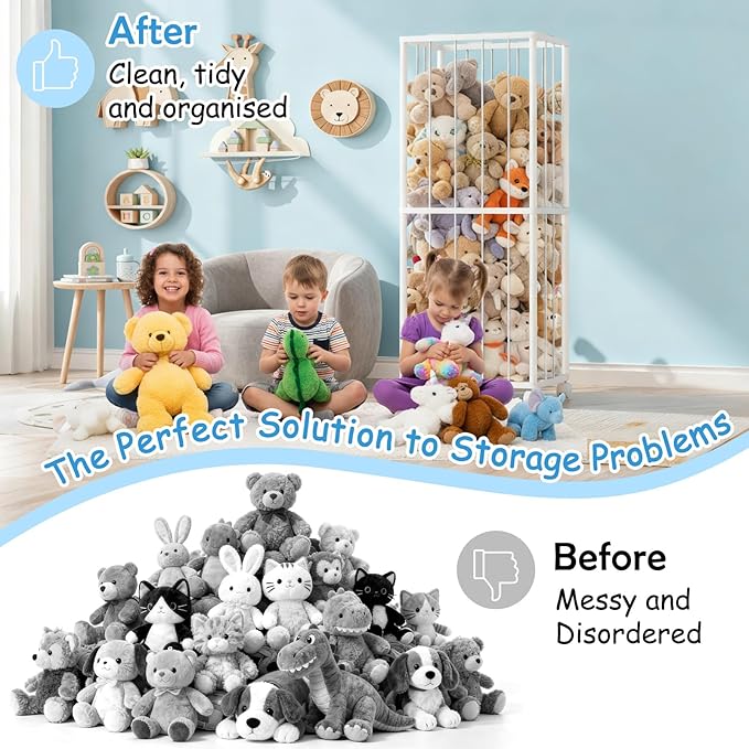 Fixwal Stuffed Animal Storage Zoo Metal Tube Extra Large Plushies Storage Stuffed Animals Holder Kids Toy Organizers and Storage with Elastic Band and Net for Playroom Bedroom White 61 x 17 x 12.6