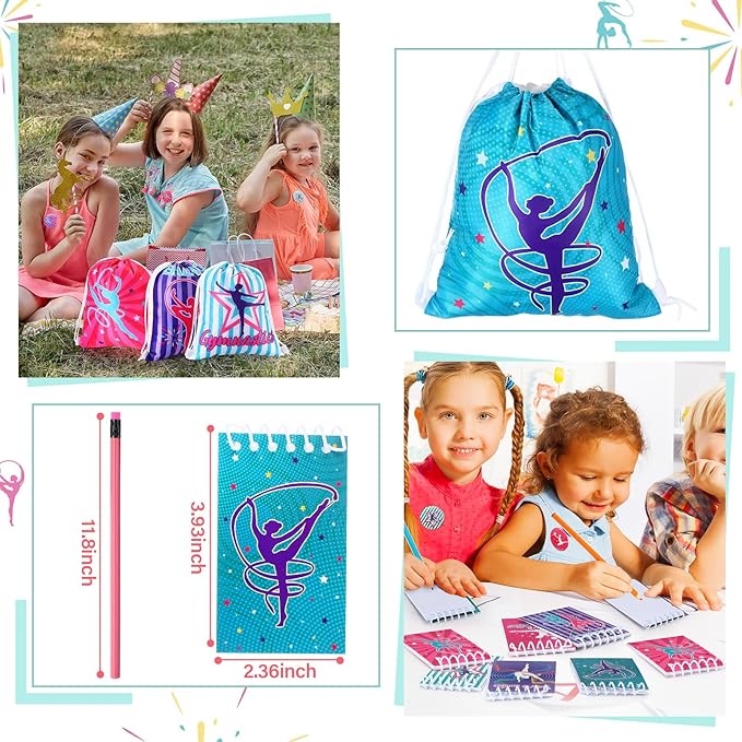Lenwen 128 Pcs Gymnastics Party Favors Girl Gymnastics Drawstring Backpack Gymnastics Gift Gymnastics Stickers Glitter Pencils Keychain Spiral Notebook Button Pins Rubber Bracelets for Birthday Supply