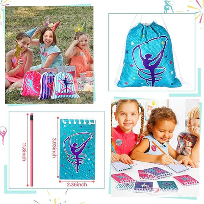 Lenwen 128 Pcs Gymnastics Party Favors Girl Gymnastics Drawstring Backpack Gymnastics Gift Gymnastics Stickers Glitter Pencils Keychain Spiral Notebook Button Pins Rubber Bracelets for Birthday Supply