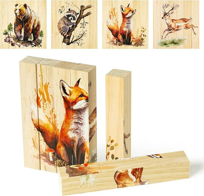 CJiangpo Wooden Animal Chunky Puzzles - 4 in 1 Woodland Animal Puzzle Blocks Sensory Toys for Toddlers 2+ Years, Realistic Rectangular Building Block Stacking Educational Toy Game for Boy Girl
