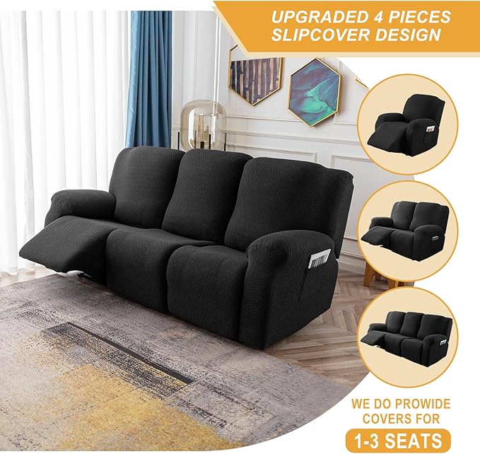 Genina Recliner Cover Stretch Couch Covers, Sofa slipcover for Reclining Couch Thick Jacquard Furniture Protector Washable (Black, 3 Seat)