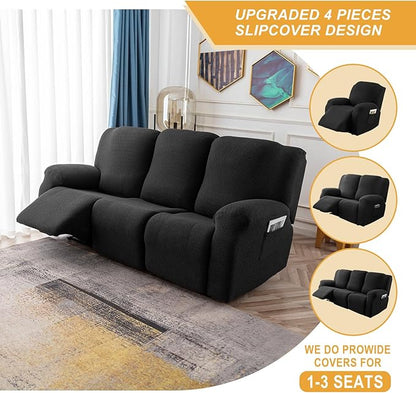 Genina Recliner Cover Stretch Couch Covers, Sofa slipcover for Reclining Couch Thick Jacquard Furniture Protector Washable (Black, 3 Seat)
