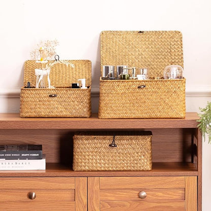 Nonam Small Basket with Lid, Natural Seagrass Bin with Lid, Shelf Baskets Multipurpose Container for Boho Decoration, Rectangular Household Storage Boxes for Home Organization-Natural