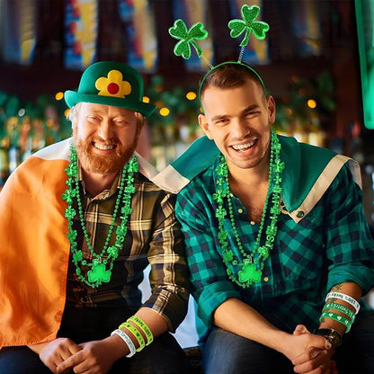 24 Pcs St. Patrick's Day Party Favor Set with 6 Pcs Shamrock Headbands, 12 Pcs Lucky Silicone Bracelets, and 6 Pcs Clover Necklaces Accessories for St. Paddy's Irish Decorations and Celebrations