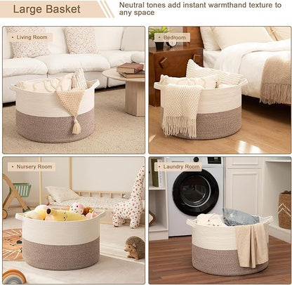 OIAHOMY Large Blanket Basket for Living Room, 19.7" x 12.6" Woven Cotton Rope Laundry Basket for Organizing Pillows, Decorative Stuffed Animal Toy Storage Bin for Nursery, White and Linen Brown