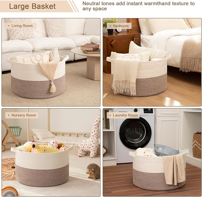 OIAHOMY 115L Extra Large Blanket Basket, 23.6" x 15.4" Woven Cotton Rope Laundry Basket for Organizing Pillows, Decorative Stuffed Animal Toy Storage Bin for Nursery, White and Linen Brown