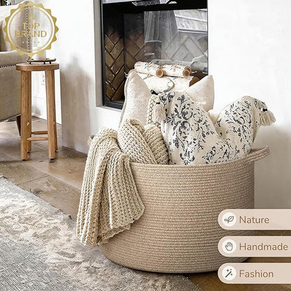 INDRESSME XXXLarge Blanket Basket for Living Room 21.7" x 21.7" x 13.8"-Storage Basket with Handle for Organizing Toy Pillows Woven Wicker Laundry Basket Stuffed Animal Toy Storage for Play Room
