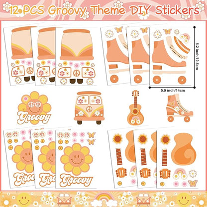 Groovy Party Favors 72 PCS Retro Boho Slap Bracelets DIY Stickers Temporary Tattoos Keychains Plastic Straws Gift Bags for Retro 60s 70s Boho Themed Birthday Party Baby Shower Classroom Rewards