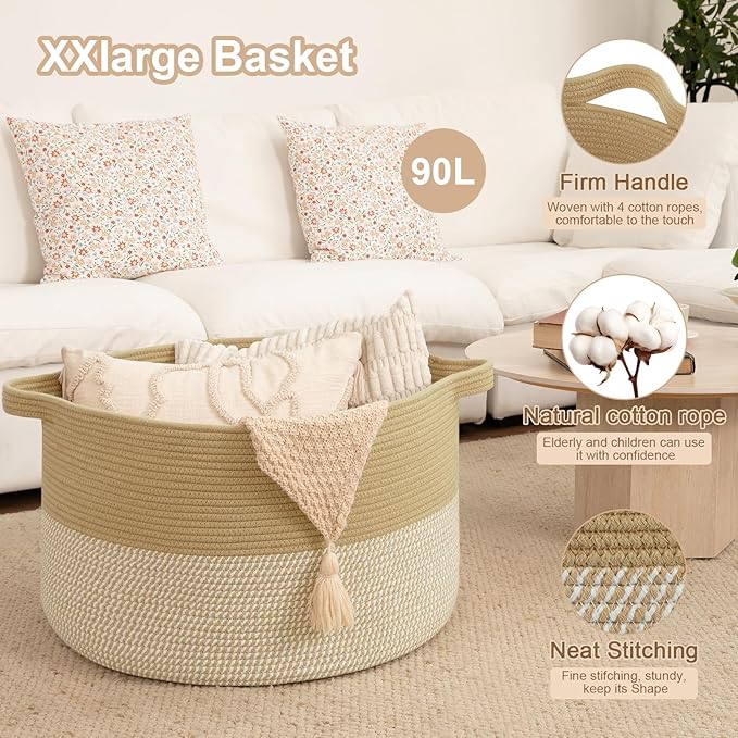 OIAHOMY 90L XXXLarge Blanket Basket for Living Room, 21.7" x 13.8" Woven Cotton Rope Laundry Basket for Organizing Pillows, Decorative Stuffed Animal Toy Storage Bin for Nursery, Jute and White