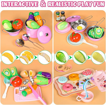 121Pcs Play Kitchen Accessories, Kids Kitchen Playset, Pretend Play Food Tea Party Set, Toy Kitchen Kids Cooking Real with Apron＆Chef Hat, Utensils Cookware Pots＆Pans, Toy Organizer, Toddler Toys Gift