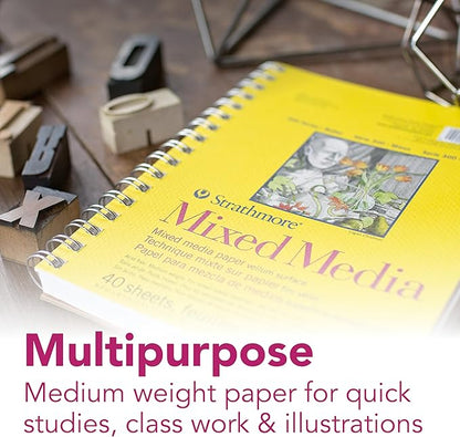 Strathmore 300 Series Mixed Media Paper Pad, Side Wire Bound, 9x12 inches, 40 Sheets (117lb/190g) - Artist Paper for Adults and Students - Watercolor, Gouache, Graphite, Ink, Pencil, Marker