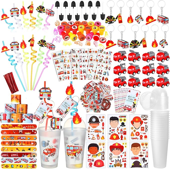 HyDren 211 Pcs Firefighter Party Favors Included Gift Cup Straw Keychain Slap Bracelet Mini Truck Sticker Stamper Card Tattoo Sticker Shovel Sticker Tag Cable Tie For Birthday Gift Prize