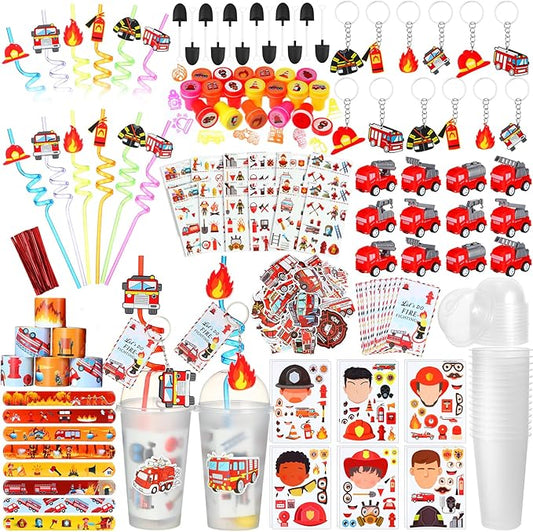 HyDren 211 Pcs Firefighter Party Favors Included Gift Cup Straw Keychain Slap Bracelet Mini Truck Sticker Stamper Card Tattoo Sticker Shovel Sticker Tag Cable Tie For Birthday Gift Prize