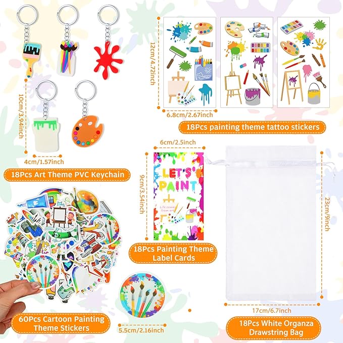 HyDren Paint Party Favors Include Mini Watercolor Paint Set Small Painting Canvas with Easel Palette Brush Paint Stickers Tattoo Sticker Keychain for Class Birthday Art Party(Novel Style,222 Pcs)