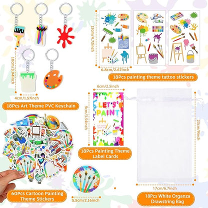 HyDren Paint Party Favors Include Mini Watercolor Paint Set Small Painting Canvas with Easel Palette Brush Paint Stickers Tattoo Sticker Keychain for Class Birthday Art Party(Novel Style,222 Pcs)