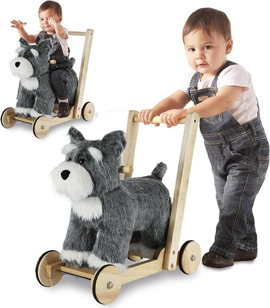 Rock My Baby Wooden Baby Walker, 2-in-1 Baby Push Walker & Ride On Toy for Toddlers 12M+, Learning to Walk Toy with Sweet Music, Soft Cuddly Dog Toy for Boys Girls (Schnauzer Dog) CPC Certified