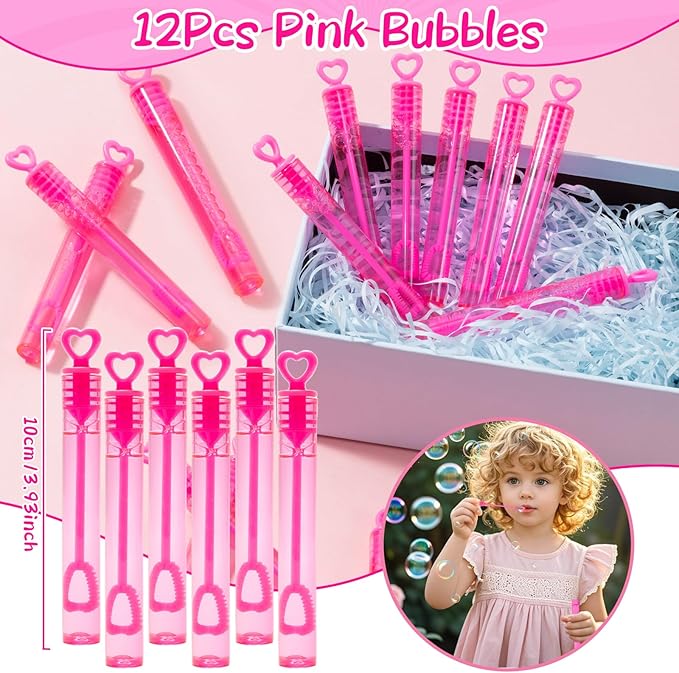 110 Pink Party Favors Princess Birthday Supplies Straw Bubble Silicone Bracelet Keychain Tattoo Sticker Girl Kid Toy Gift Goodie Bag Stuffer Filler Makeup Party Decorations