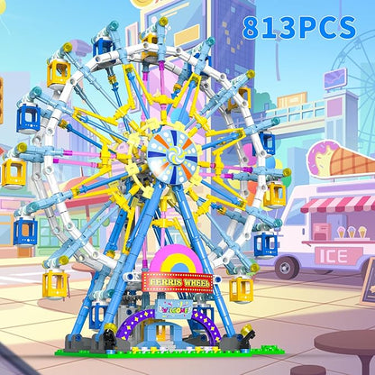 2025 Newly Upgrade Ferris Wheel Building Set with Fairy Light, Two-Way Rotating Ferris Wheel Building Blocks Set of 813 PCS, Amusement Park Model Kit for Kids Ages 8+, Ideas Gift for Boys and Girls