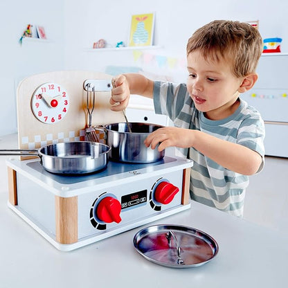 Hape Wooden 2-in-2 Kitchen & Grill Set| Pretend Realistic Role Play Kitchen Toys for Kids