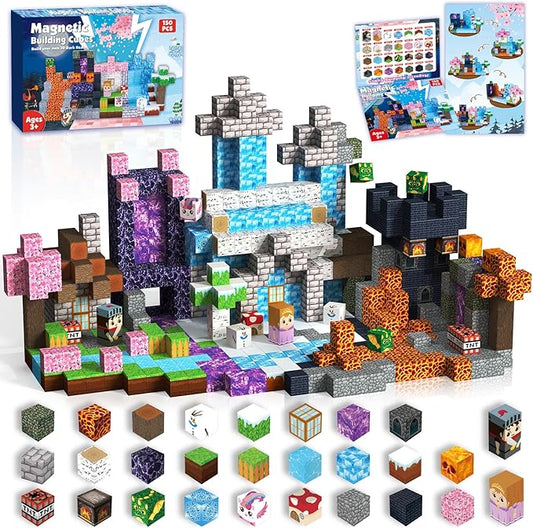Magnetic Blocks-150PCS Magnetic Building Blocks Magnetic Cubes Stacking Dark Forest Glacier Castle, STEM Montessori Sensory Toys for Kids Boys Girls Ages 4-8 Holiday Birthday Easter Gifts