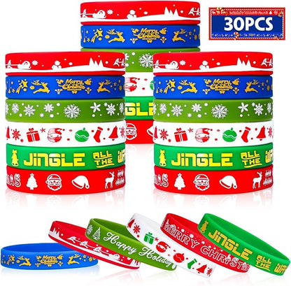 Christmas Rubber Bracelets 30 PCS Bulk Christmas Party Favors Stocking Stuffers for Kids Silicone Wristbands Goodie Bags Stuffers Xmas Toys Gifts Party Supplies Decorations Classroom Prizes