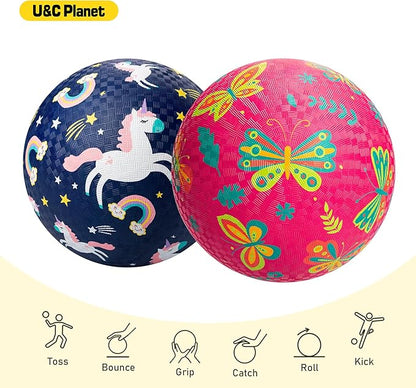 U&C Planet Playground Balls for Toddlers 1-3, 2 Pack 6 inch 8.5 inch Kickball for Kids Outdoor Indoor, Catoon Rubber Balls with Pump, Child Gift for Boys Girls 1-3 3-5 5-10