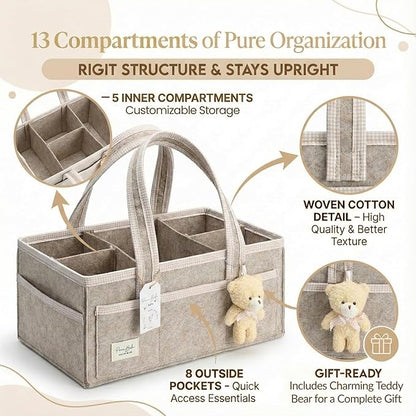 PeraBella Baby Diaper Caddy Organizer, XL Baby Basket Shower Gift Caddy, Portable Felt Changing Table Basket, Nursery Storage Bin, Newborn Boy and Girl Essentials for Registry, Car Diaper Organizer