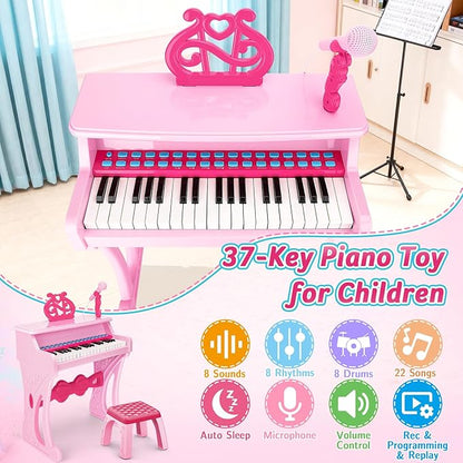deAO Kids Piano Keyboard Toys for Girls, 37 Keys Toddler Pianos Toy with Stool and Microphone, Christmas Birthday Gift for Kids 3+ Years Old