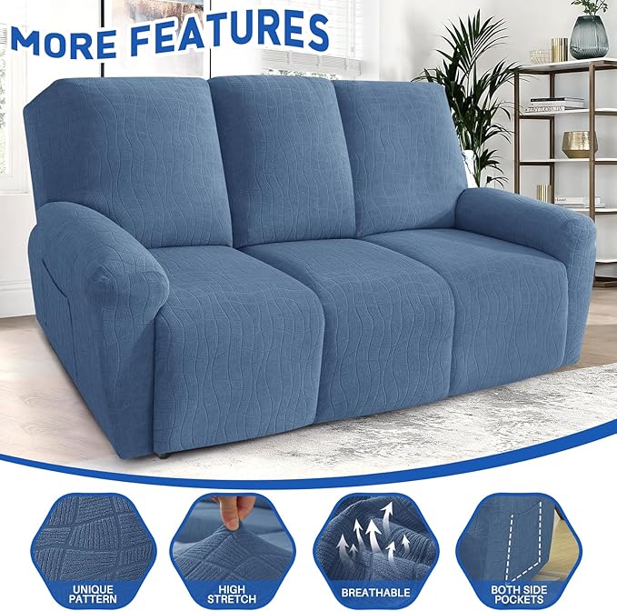MAXIJIN Waterproof Recliner Couch Cover 5 Pieces Recliner Sofa Covers 3 Seater, Reclining Couch Furniture Protector with Elastic Straps & Pockets for Pet, Kids (Sofa Recliner, Dusty Blue)