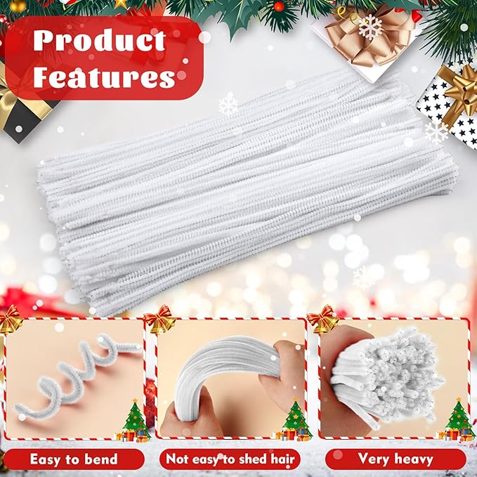 LOKUNN Pipe Cleaners, 200 Pcs White Pipe Cleaners Craft Set, Solid Color Chenille Stems, DIY Arts and Crafts with Adhesive Eyes and Storage Box, Christmas Halloween Decoration Art Supplies