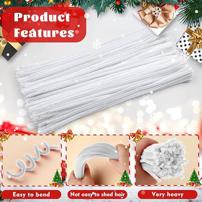 LOKUNN Pipe Cleaners, 200 Pcs White Pipe Cleaners Craft Set, Solid Color Chenille Stems, DIY Arts and Crafts with Adhesive Eyes and Storage Box, Christmas Halloween Decoration Art Supplies
