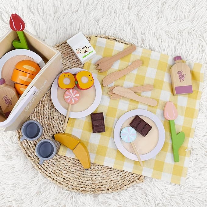 Play Food Sets for Kids Kitchen, Wooden Picnic Basket Playset Toy,Pretend Play Kitchen Food Toy with Cutting Fruits for Toddlers Girls Boys Ages 3+