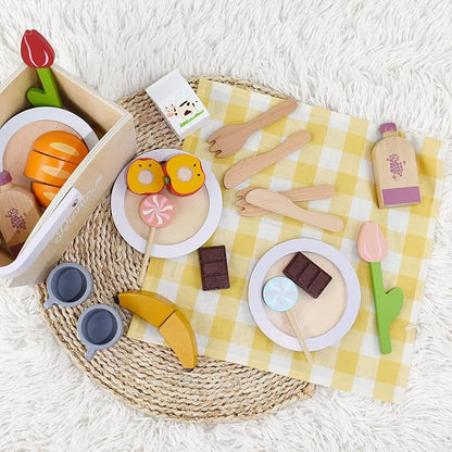 Play Food Sets for Kids Kitchen, Wooden Picnic Basket Playset Toy,Pretend Play Kitchen Food Toy with Cutting Fruits for Toddlers Girls Boys Ages 3+