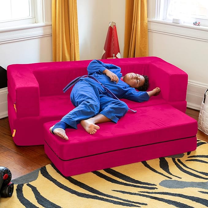 Jaxx Zipline Sofa & Large Ottoman 3 in 1 Fold Out Sofa, Big Kids Edition, Fuchsia, 17454