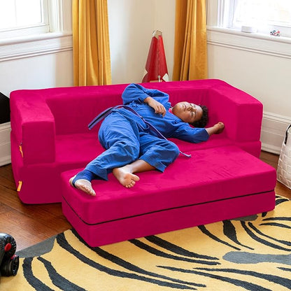 Jaxx Zipline Sofa & Large Ottoman 3 in 1 Fold Out Sofa, Big Kids Edition, Fuchsia, 17454