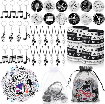 Seajan 110 Pcs Music Party Favors Include Music Notes Silicone Bracelets Musical Note Necklaces Keychains Stickers Badges Organza Gift Bag Fillers for Music Themed Birthday Party Supplies Decorations