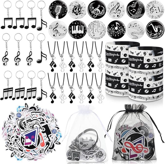 Seajan 110 Pcs Music Party Favors Include Music Notes Silicone Bracelets Musical Note Necklaces Keychains Stickers Badges Organza Gift Bag Fillers for Music Themed Birthday Party Supplies Decorations