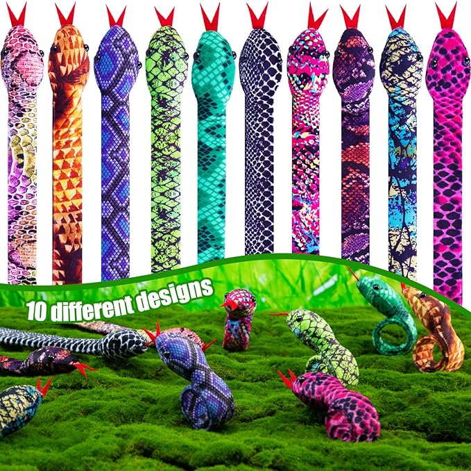 Shindel 10PCS Snake Slap Bracelets, Stuffed Snap Bands Reptile Snap Bracelets Fuzzy Animal Bracelet for Birthday Party Favors Halloween 10 Assorted Designs