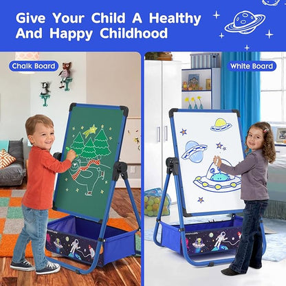 Kids Art Easel with 29.5inch-44inch Height Adjustable Whiteboard&Chalkboard Double Sided Easel 360°Rotating Standing Art Easel for Kids Blue