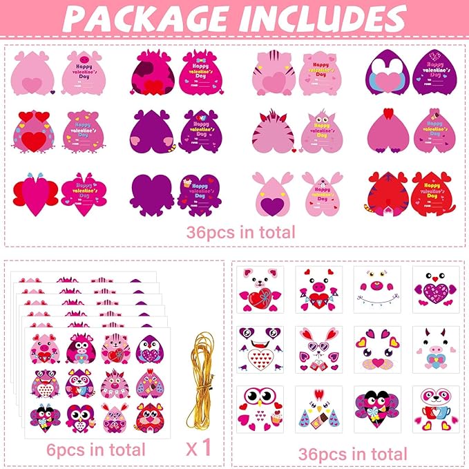Qyeahkj 36 Sets Valentine's Day Animal Crafts for Kids DIY Valentines Craft Paper Kits Make Your Own Heart Owl Tiger Rabbit Bee Frog Bear Set for Valentine Spring Party Activity Game Toys
