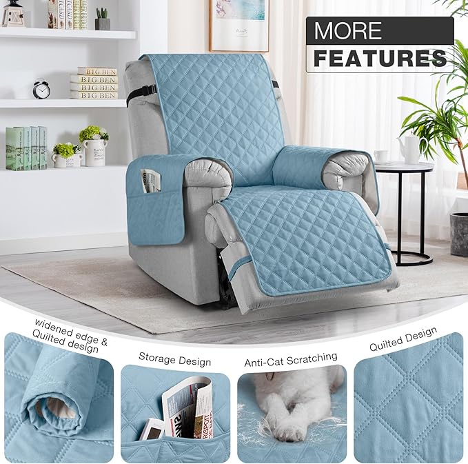 TAOCOCO Waterproof Recliner Chair Cover Sofa Slipcover, Pet Cover for Small Recliner Chair with Elastic Straps, Washable Reclining Chair Cover Recliner Furniture Protector (23'' Small, Sky Blue)