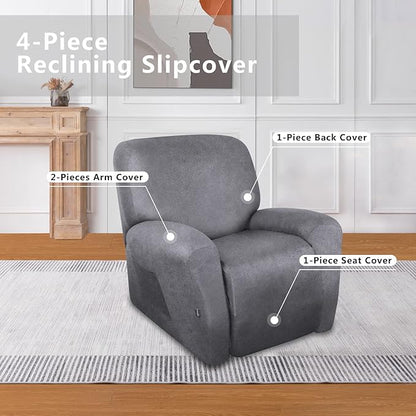 molasofa Recliner Chair Covers - 4 Pieces Leather Like Large Recliner Chair Covers with Pocket Waterproof Non Slip Stretch Recliner Slipcover for Lazy Boy Recliner Chair Washable (Light Grey)