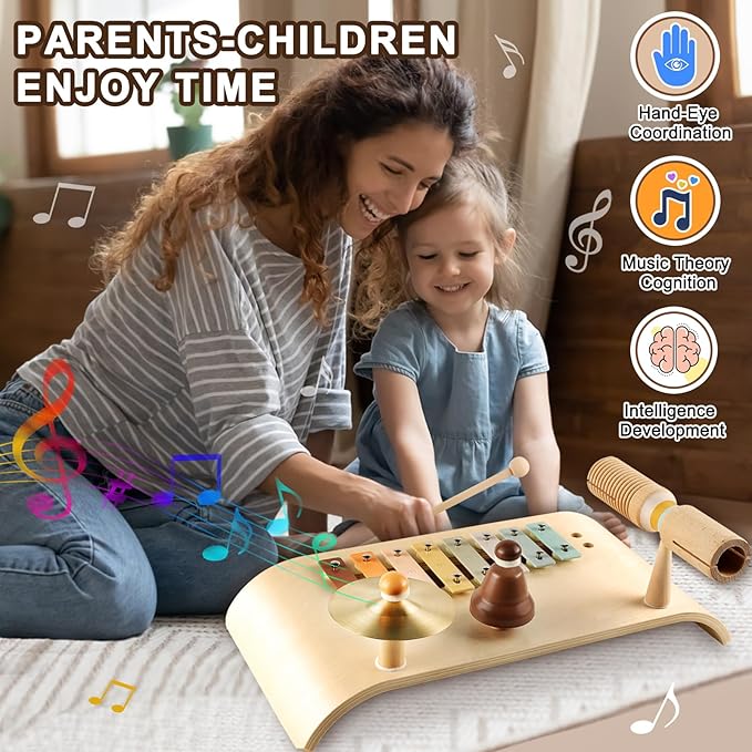 LOOIKOOS Kids Drum Set Toddler Musical Instruments Set Wooden Percussion Instrument Xylophone for Kids Montessori Toys Preschool Educational Musical Toys