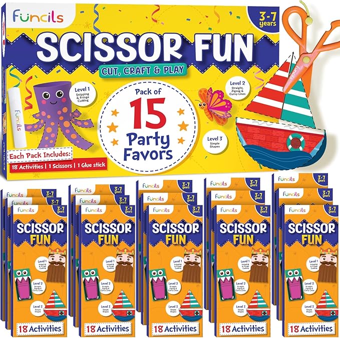 Funcils Educational Kids Party Favors (15 Pack) - Scissor Skills Craft Activity Kits with Book, Scissors & Glue - Birthday Goodie Bags Stuffers, Classroom Return Gifts for Boys & Girls Ages 3 4 5 6 7