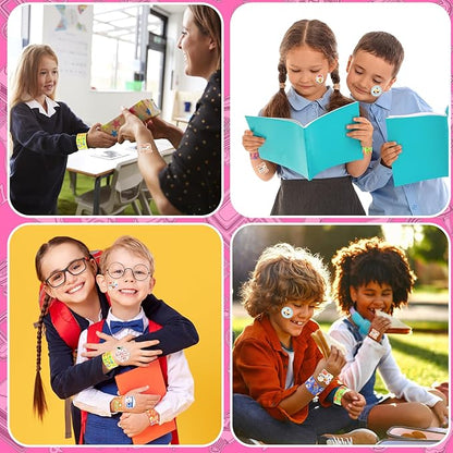 48 Pcs Back to School Slap Bracelets and 50 Pcs Party Stickers with Student Study Theme Slap Bracelets Wristbands for First Day of School Decorations, Classroom Rewards, Kid Birthday Gifts