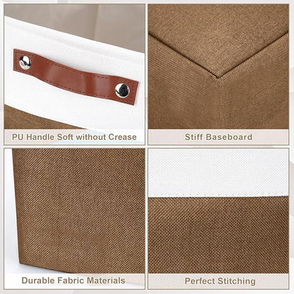 Bagnizer Collapsible Fabric Storage Cubes 11x11 Cube Storage Bins, 4 Pack Closet Baskets Box with Handles for Organizing, Shelf, Toys, Clothes, Home, Office, Nursery (Brown&White)