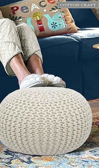 COTTON CRAFT Round Dori Pouf - Cotton Braid Cord Cable Knitted Ottoman - Foot Stool Footrest Floor Pouf Accent Furniture Bean Bag - Living Room Dorm Décor - 20.5 Dia x 13.5 High - Round Ivory Cream