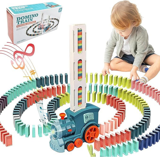 Domino Train Toy Set for Kids, 100 Pcs Automatic Dominoes Blocks Building and Stacking Toys Creative Kids Games Early Education Christmas Birthday Gift Boys Girls Age 3 4 5 6 Year Old (Cyan)