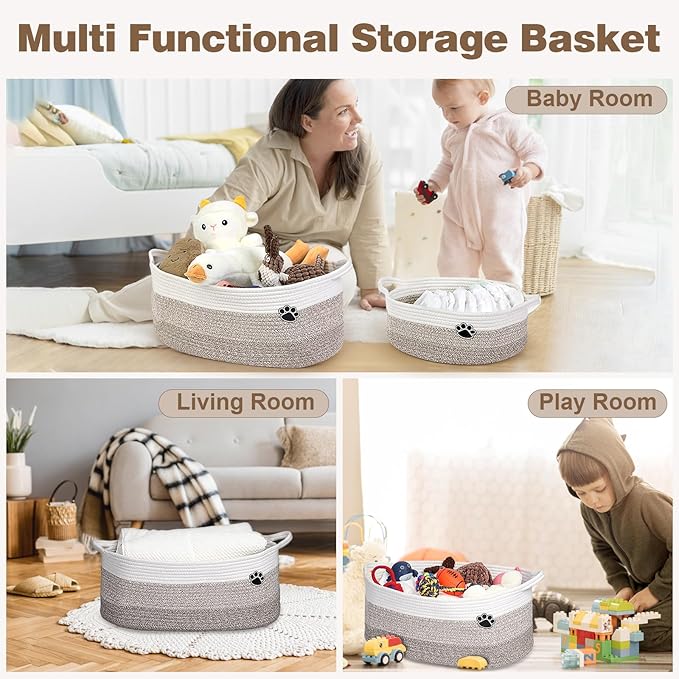 Optish Dog Toy Basket, Toy Box and Bin for Dog Cat Storage, 19.7" X 11" X 7.9" (30L) Large Woven Rope Basket for Blanket Storage, Living Room, Bedroom, White & Brown