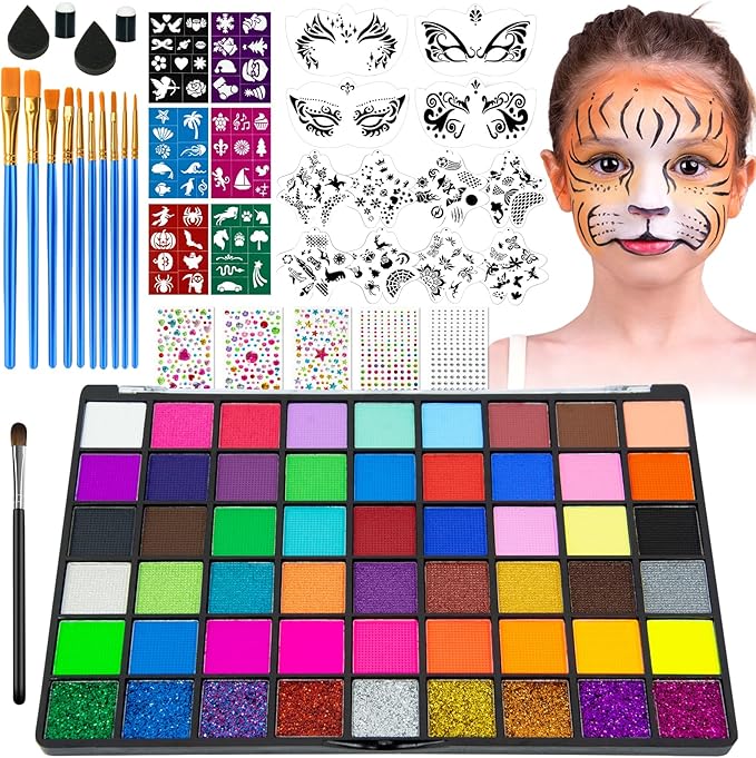 54 Colors Face Painting Kit, Non-Toxic Water Activated Face Paint Palette, Facepaint Makeup Kit with Brushes, Stencils, Gems, for Festivals, Halloween, Carnival, Birthday Parties